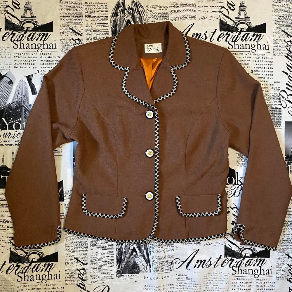 Fiona Italy Women's Brown woven silk blazer vintage 80s 70s workwear formal